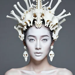 absurdly beautiful, fashionable young thai woman with symmetrical white makeup, wearing an intricate headdress made from white bones, wearing large earrings made from white bones, ambient background in the fourth dimension, psychedellic fractals, ayahausca, tryptamine, hyperdetailed illustration by irakli nadar and alexandre ferra, intricate linework, unreal engine 5 highly rendered, global illumination, radiant light, detailed and intricate environment