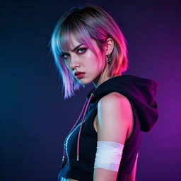 tomboy gorgeous cyberpunk goddess in hoodie with bandage on her arm, side portrait, vi, angry, striking, defiant, spotlight, vibrant colors, beautiful eyes, by marco paludet and gianni strino and marion bolognesi