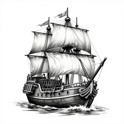 A realistic tattoo design sketch of a pirate ship, white background, black and white, highly detailed tattoo, shaded tattoo