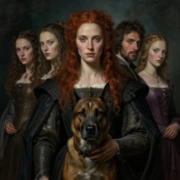 renaissance professional digital art of a traveler with a faithful dog, symmetrical face, atmospheric lighting, painted, complex, detailed, detailed, foreboding, mysterious, leesha hannigan, wayne haag, reina rocin, ignacio fernandez rios, mark ryden, iris van herpen, epic, stunning, magnificent, very wow, cinematic, masterpiece.