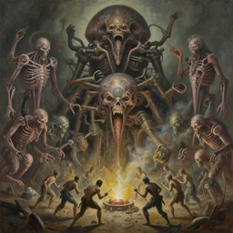 oil paint of 1 1 horrifying machines as mollusk wearing flayed gods in tiers, colossal medical gangrene machines in tiers, dethroning / we machines / melee, chemical opening battle pit, by shigeru komatsuzaki, by alberto bontempi, basil gogos, wayne d barlowe, stefano tamburini, torch light, muted colors, epic, hyper