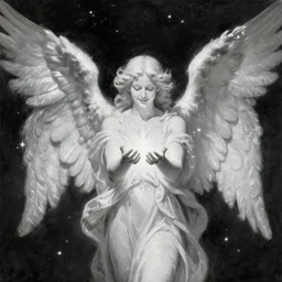 highdetailed hyperrealistic painting of white angel!!! no gender smiling noface!!!, light instead of hands, white sparkles everywhere, 4 k hd face!!!, angel bringing the light and give it to the space, big silver high detailed wings!!!, renaissance, by jan van eyck, holography space, glow effect, large strokes, monochrome!!!!!, digital painting, large paint strokes, textured oil painting