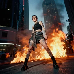 Fujichrome Provia 100F candid extreme wide shot of a poor techwear mixed woman with short hair and tattoos outside of a futuristic Los Angeles on fire, cyberpunk, sigma 85mm f/1.4, 15mm, 35mm, tilted frame, extreme long shot, action shot, long exposure, 4k, high resolution, 4k, 8k, hd, wide angle lens, highly detailed, full color, harsh light and shadow, intoxicatingly blurry