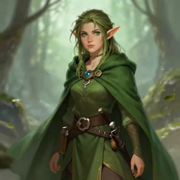 A female elf druid with a green cloak, messy hair, dungeons and dragons character art