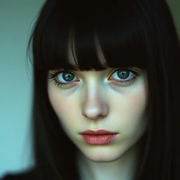 photograph of a young woman, 9 0 s goth, straight bangs, dof, sharp focus, highly detailed face, symmetric face, realistic iris, cinestill 8 0 0 t, photography by paolo roversi
