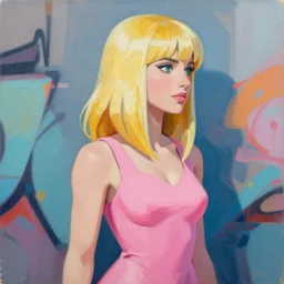greg manchess portrait painting of woman with blonde hair and bangs wearing a pink dress as overwatch character, medium shot, asymmetrical, profile picture, organic painting, sunny day, matte painting, bold shapes, hard edges, street art, trending on artstation, by huang guangjian and gil elvgren and sachin teng
