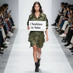 a model wearing a combat dress walking the catwalk wearing a sign which says / fashion is fake / anny leibovitz, greg rutkowski, paolo roversi, ( ( ( mucha ) ) ) ( ( ( iris van herpen ) ) ), low shot