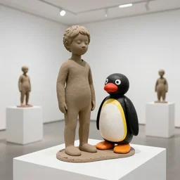 morph and pingu in an art gallery, clay sculptures, figurative sculpture, white gallery, contemporary, photorealistic