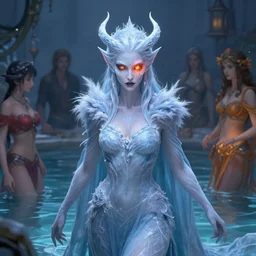 beautiful ancient! frost witch, fire in eye, snow glow, pool party, highly detailed, digital painting, artstation, sharp focus, illustration, art by tan zi and ayanamikodon and alphonse mucha and wlop