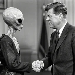 president john f kennedy shaking hands with an alien, black and white photography, detailed, ultra realistic, photorealistic, cinematic