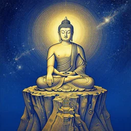 a beautiful lineart painting of who buddhas meditating on a big cliff gazing into the universe, 4 k, high resolution, symmetrical lines, blue and gold color scheme, golden ratio