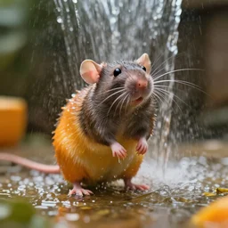 a rat being drenched in an orange soda waterfall, cinematic lighting