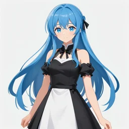 ''female anime character with blue long hair, beautiful black and white dress, gorgeous girl, elegant, dynamic pose, character concept, digital art, watercolour, artstation, 4 k''