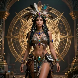 a centered render of a single alluring mystical tribal goddess adorned with feathers and gemstones and cables and synthesizer parts is surrounded by sacred geometry made from elven architecture, full body, gorgeous face, perfect face, powerful, cinematic, beautifully lit, by artgerm, by karol bak, 3 d, trending on artstation, octane render, 8 k