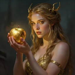 portrait of eris, the greek goddess of chaos, holding an apple made of gold, digital art, cinematic lighting, digital concept art by wlop, artgerm, james gurney