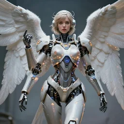 female angel with solarpunk mecha humanoid robotic parts with bright led lights, pudica pose gesture, by bouguereau, ultra - realistic and intricate, hdr 8 k