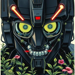 risograph grainy painting of gigantic huge evangelion - like gundam mech face, black colors, with huge earrings and glasses with a lot of details and lasers, covered with plants, half - life 2 scene, by moebius and dirk dzimirsky and satisho kon, close - up wide portrait