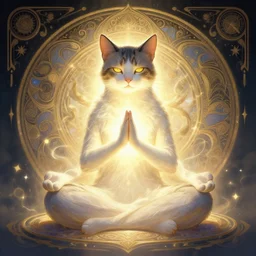 a cat meditating in lotus position, emiting mystical light, intricate, elegant, highly detailed, my rendition, digital painting, artstation, concept art, smooth, sharp focus, radiant light, illustration, art by artgerm and greg rutkowski and alphonse mucha
