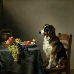 in the style of Still life, Dutch Golden Age painting, Baroque, detailed realism, food, grapes, rustic. A dog sits like a human at the table awaiting his food
