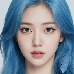 a gorgeous korean girl with blue hair, dj sura face, photo, professionally retouched, soft lighting, feather hair, realistic, smooth face, perfect eyes, wide angle, sharp focus on eyes, 8 k high definition, insanely detailed, intricate, elegant, art by artgerm and greg rutkowski and j scott campbell