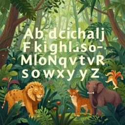 an epic, beautiful painting of a jungle full of animals with all the letters of the alphabet clearly visible within from the collection'let's learn to read by roald dahl ', hyper detailed, clear, focused
