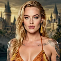 tattooed margot robbie wearing a tassel bikini, hogwarts in the background, highly detailed face, realistic face, beautiful detailed eyes, fantasy art, in the style of greg rutkowski, illustration, epic, fantasy, intricate, hyper detailed, artstation, concept art, smooth, sharp focus, ray tracing, vibrant