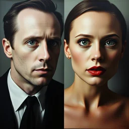 symmetrical bilateral half split portrait, edward norton, natalie portman, absurdist portrait painting