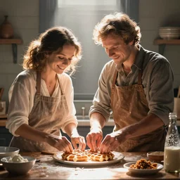 A woman and man baking waffles together, digital art, epic lighting