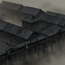 tile roofs, and simple, peaked wooden roofs, every structure had been blackened to some degree. the city wall, was blackened by a patina of soot. structures were generally darkest at the top, where the ash gathered, but rainwaters and evening condensations had carried the stains over ledges and down walls in an uneven gradient. trending on artstation, hearthstone