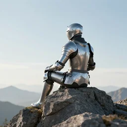 futuristic knight sitting on top of a mountain looking at the horizon of a unknown planet, close shot, sunset, cinematic, epic, dark scenario, 8k, award winning,