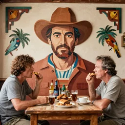 big lebowski having breakfast, mexican mural, 1 9 7 0 science fiction movie, cinematography by joel coen, cut out