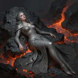 a full body portrait of a beautiful post apocalyptic offworld nordic necromancer reposed by the magma pits, intricate, elegant, highly detailed, digital painting, artstation, concept art, smooth, sharp focus, illustration, art by krenz cushart and artem demura and alphonse mucha