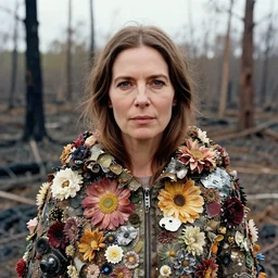 closeup portrait of a woman wearing a cloak made of flowers and metal scraps, standing in a burnt forest, by Annie Leibovitz and Steve McCurry, natural light, detailed face, CANON Eos C300, ƒ1.8, 35mm, 8K, medium-format print
