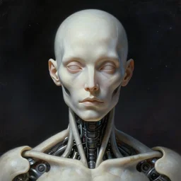 surreal portrait of a man by Greg Rutkowski and H.R Giger, cyborg of indeterminate age, symmetrical, bald, haunting appearance, pale as marble, biomechanical and intricate, empty and uncany expression, cosmic void background, frightening, fascinating, highly detailed portrait, digital painting, artstation, concept art, smooth, sharp foccus ilustration, Artstation HQ.