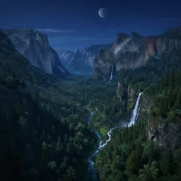 beautiful fantasy landscape, distant forest, mountains with waterfalls, river, dark blue night, stars, moon, by james gurney, by noah bradley, by frederic edwin church, aerial perspective, concept art, matte painting, intricate, hyper detailed, volumetric atmosphere, sharp focus, octane render, trending on artstation, 8 k
