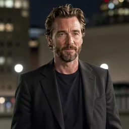 a still of matthew mcconaughey . Shallow depth of field. City at night in background, lights, colors ,studio lighting, mood, 4K. Profession photography