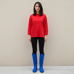 a woman with a red shirt and blue boots