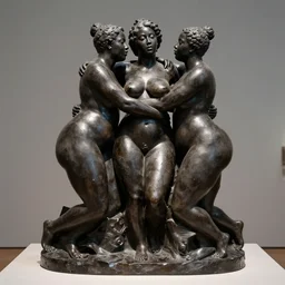 onyx sculpture of three beautiful sensual obese black people embracing each other in ecstasy, museum artifact