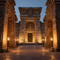 an archviz render of a Aztec Temple, torches lit, unreal engine, vray, volumetric lighting, ray tracing, real time ray tracing