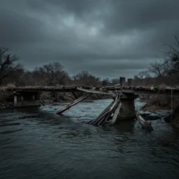 a broken bridge over a river, dark
