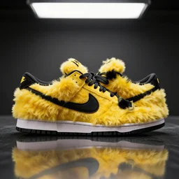nike model shoe made of very fluffy yellow and black faux fur placed on reflective surface, sonic colors professional advertising, overhead lighting, heavy detail, realistic by nate vanhook, mark miner