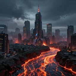 very pointy cyberpunk city next to lava river