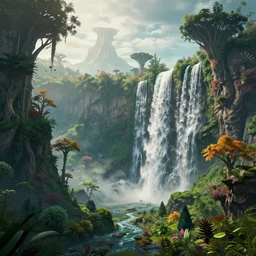 an alien landscape view, alien waterfall, alien trees, alien colorful greenery, alien mountains, epic lighting, epic composition, 4 k, detailed, realistic