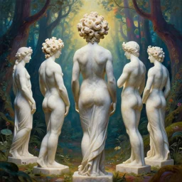 idealistic marble statues with fractal flowery hair, seen from behind, in a magical forest, painted by, mc escher, gordon onslow ford, georgia o'keeffe and ivan aivazovsky, cinematic light, god rays, colourful, unreal engine, zbrush central,