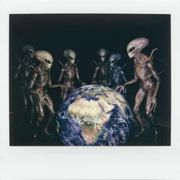 really old polaroid photograph of horrorific extraterrestrial beings visiting earth,