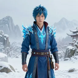 Prince Zuko, if he had Ice Powers, surrounded by a a snowy vista. Thematic Costume. Fire-Scar over one eye. Anime style drawn by Michael Dante DiMartino and Bryan Konietzko. 4K HD Wallpaper, Premium Prints Available.