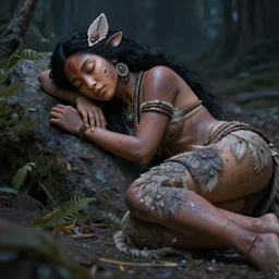 polynesian sleeping goddess, anatomy, professional photo lemurian night, realistic texture, detailed soft digital fantasy art