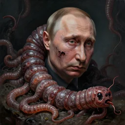 rotten worm with face of vladimir putin face made of worms demonic horror, dark fantasy, intricate, highly detailed, smooth, artstation, painted by wayne barlowe, greg rutkowski, zdislav beksinski, francis bacon