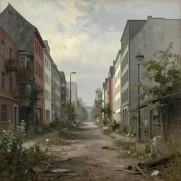 post apocalyptic frankfurt city streets, overgrown, landscape, romanticism by andreas achenbach