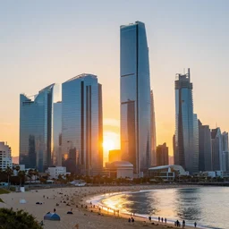 futuristic los angeles with humongous glass skyscrapers, sunset, view from the sea, crowded beach, sun between buildings, hyperdetailed, artstation, cgsociety, 8 k
